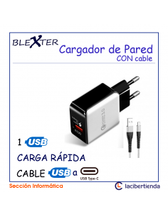 CARGADOR USB A 220V QUALCOMM 3 NEGRO CON CABLE TIPO C